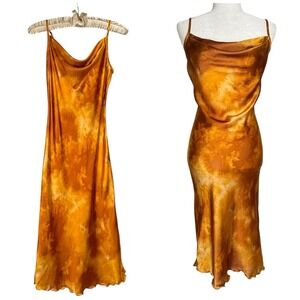 Vintage Bebe Y2K Slip Dress XS Orange Sunset Cowl Neck‎ Satin Midi Made in USA